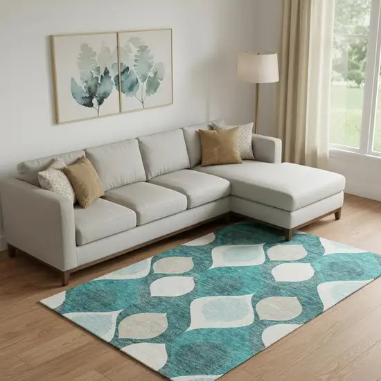 Teal And Ivory Ogee Washable Area Rug With UV Protection Photo 1