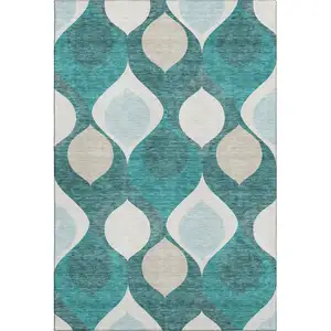Photo of Teal And Ivory Ogee Washable Area Rug With UV Protection