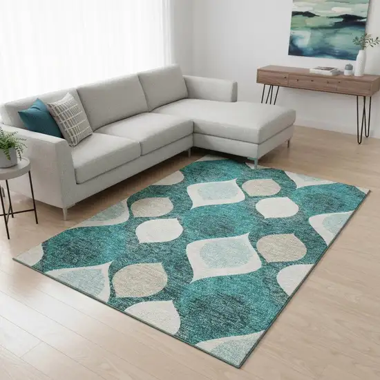 Teal And Ivory Ogee Washable Area Rug With UV Protection Photo 2