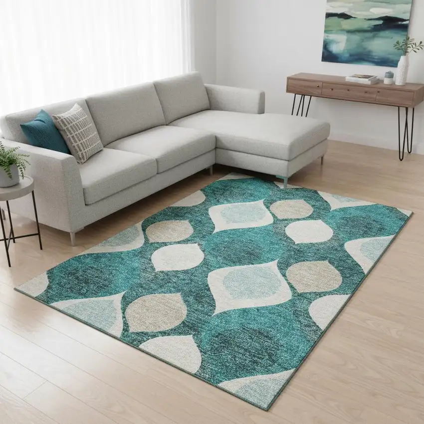 Teal And Ivory Ogee Washable Area Rug With UV Protection Photo 2