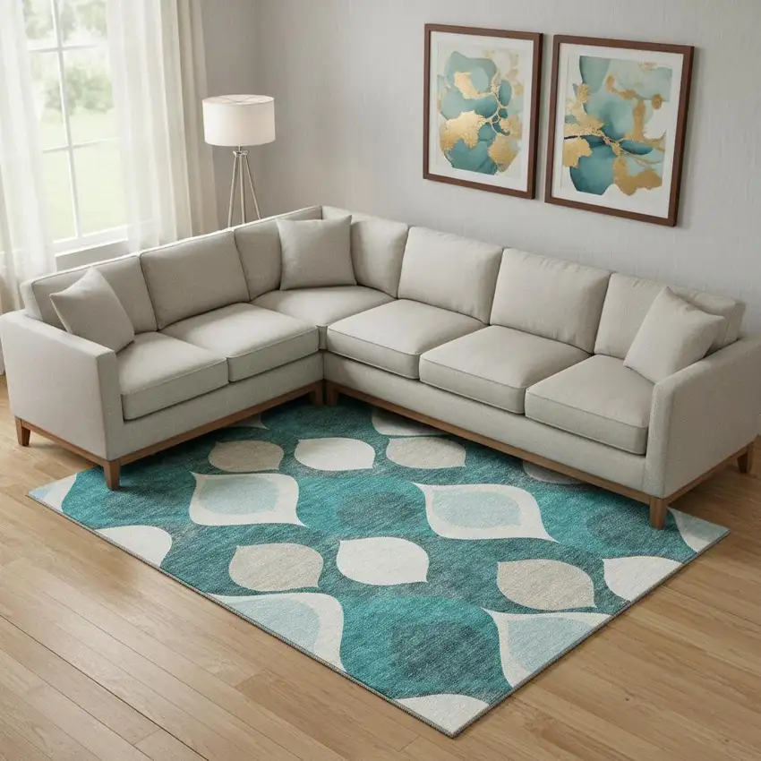 Teal And Ivory Ogee Washable Area Rug With UV Protection Photo 1