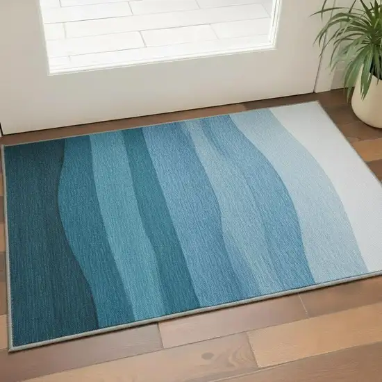 Teal And Ivory Ombre Washable Area Rug With UV Protection Photo 2