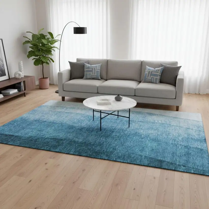 Teal And Ivory Ombre Washable Area Rug With UV Protection Photo 2