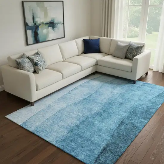 Teal And Ivory Ombre Washable Area Rug With UV Protection Photo 1