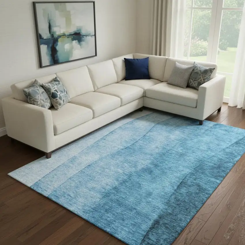 Teal And Ivory Ombre Washable Area Rug With UV Protection Photo 1