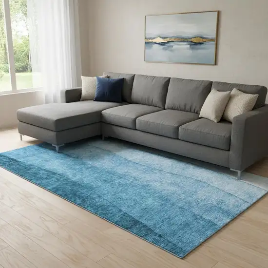 Teal And Ivory Ombre Washable Area Rug With UV Protection Photo 1