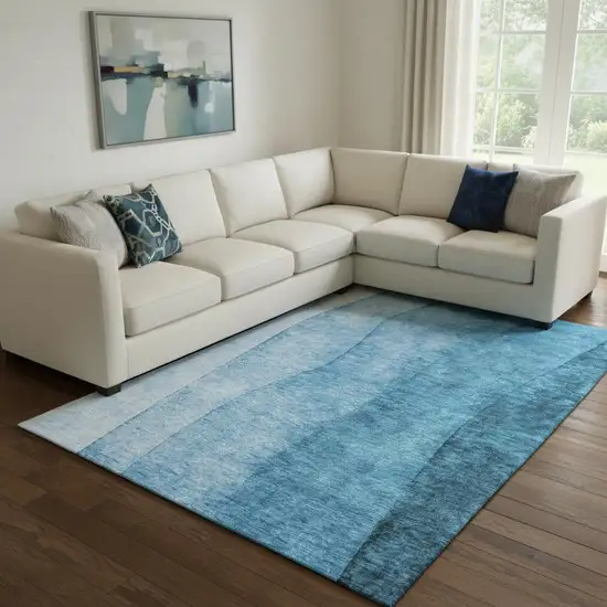 Teal And Ivory Ombre Washable Area Rug With UV Protection Photo 1