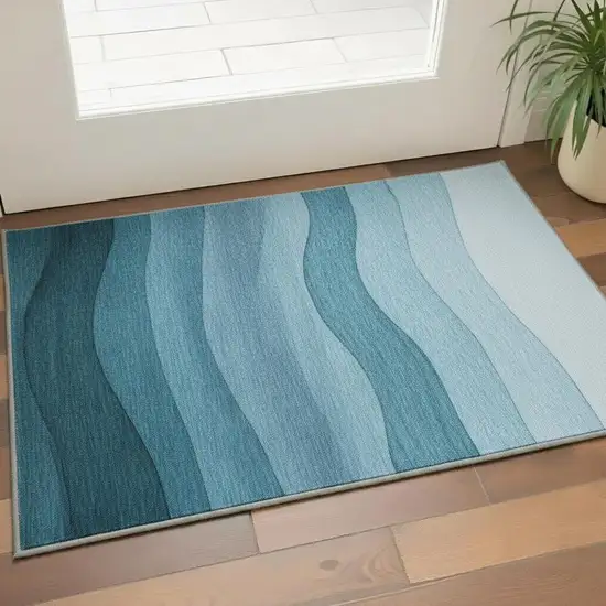 Teal And Ivory Ombre Washable Area Rug With UV Protection Photo 2
