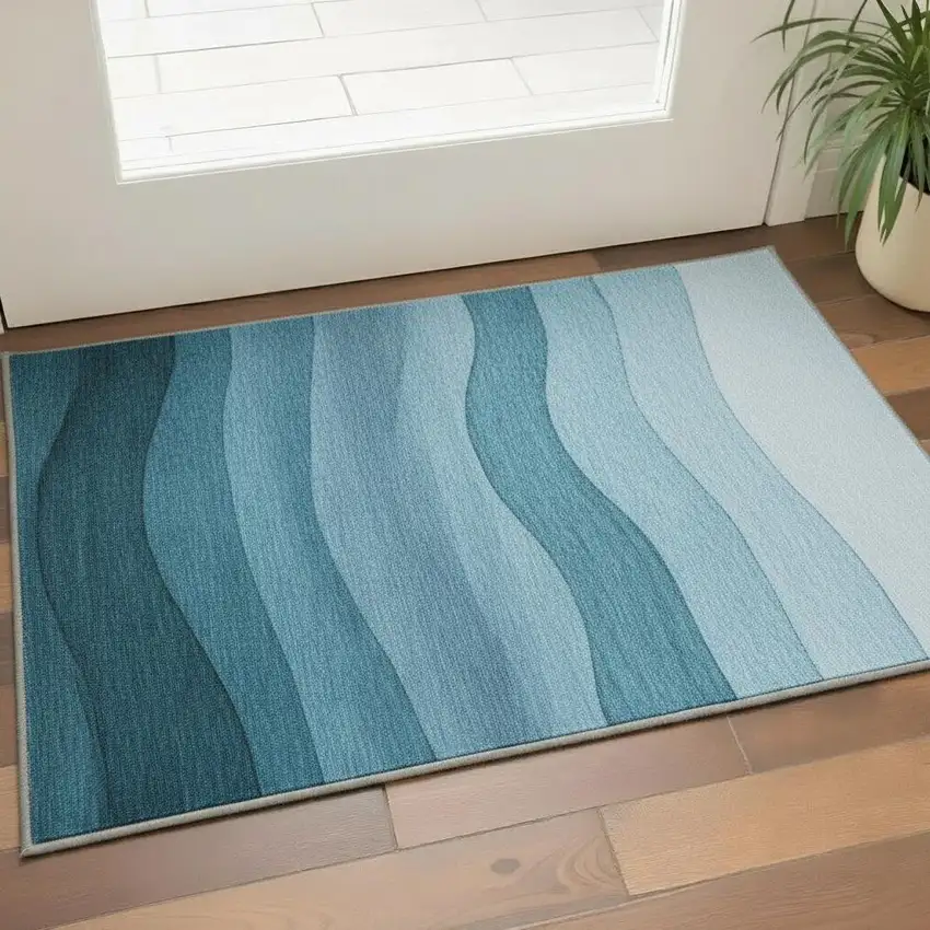 Teal And Ivory Ombre Washable Area Rug With UV Protection Photo 2