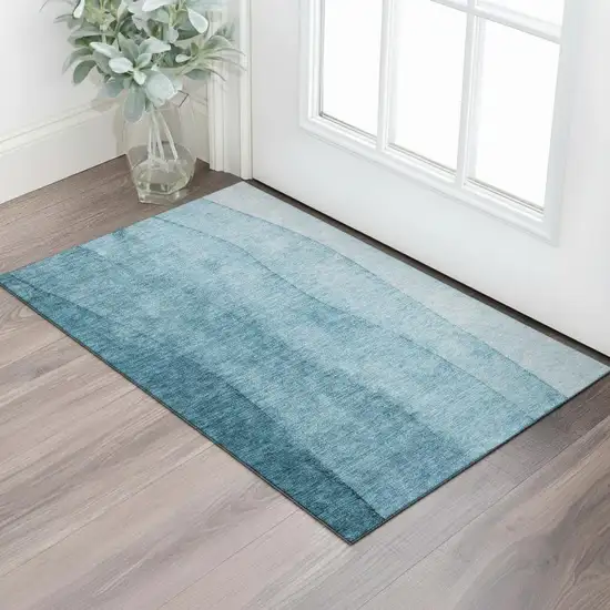 Teal And Ivory Ombre Washable Area Rug With UV Protection Photo 1