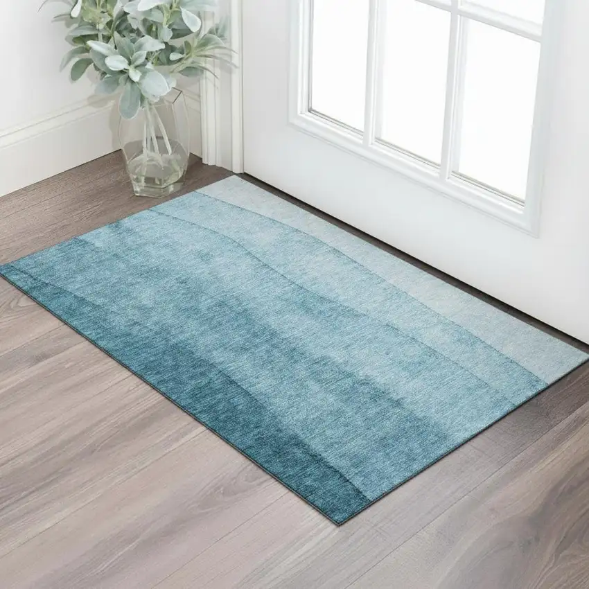 Teal And Ivory Ombre Washable Area Rug With UV Protection Photo 1
