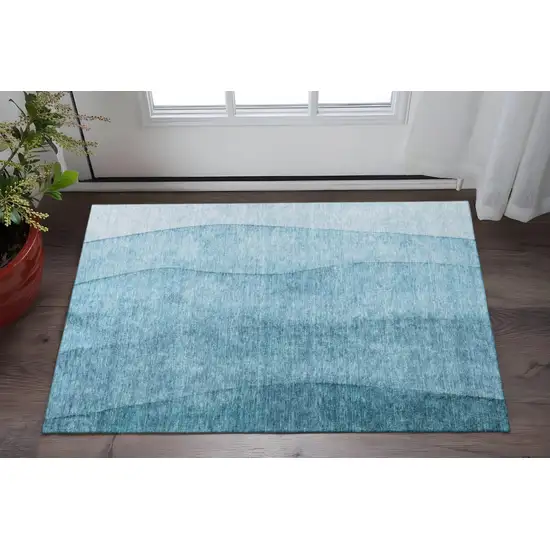 Teal And Ivory Ombre Washable Area Rug With UV Protection Photo 3
