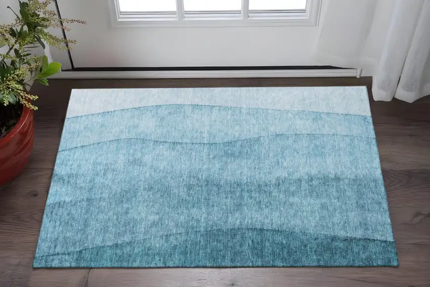 Teal And Ivory Ombre Washable Area Rug With UV Protection Photo 3