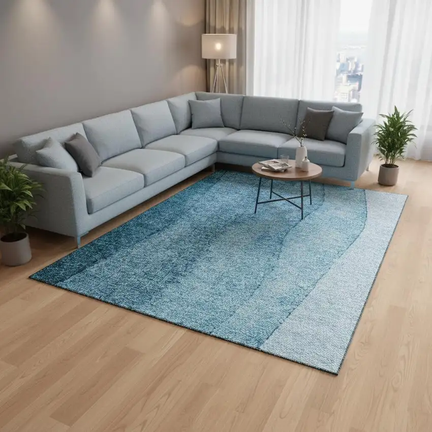 Teal And Ivory Ombre Washable Area Rug With UV Protection Photo 1