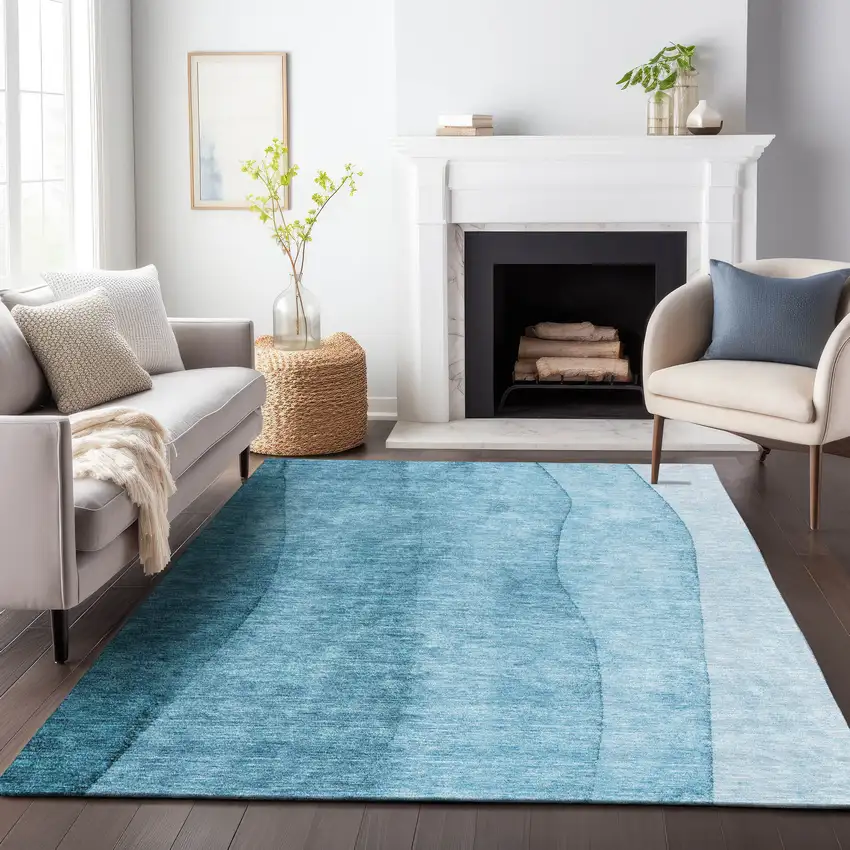 Teal And Ivory Ombre Washable Area Rug With UV Protection Photo 4