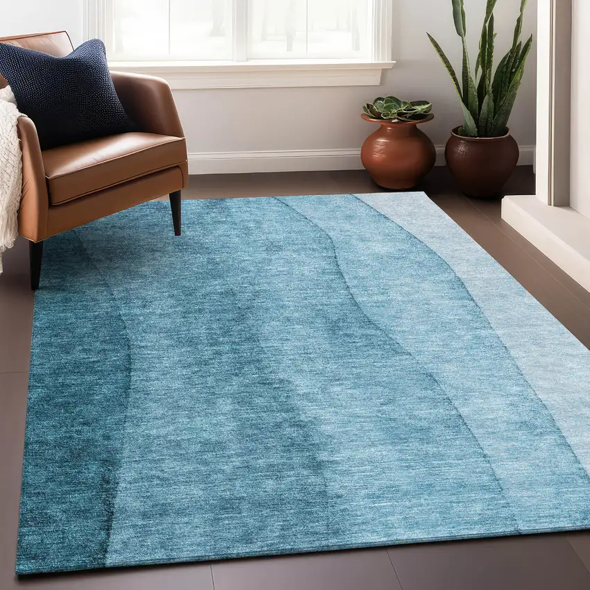 Teal And Ivory Ombre Washable Area Rug With UV Protection Photo 5