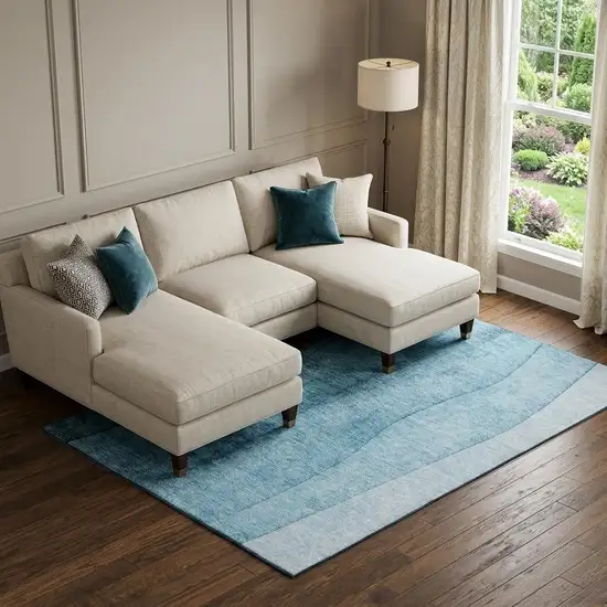 Teal And Ivory Ombre Washable Area Rug With UV Protection Photo 1