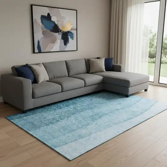 Teal And Ivory Ombre Washable Area Rug With UV Protection Photo 1