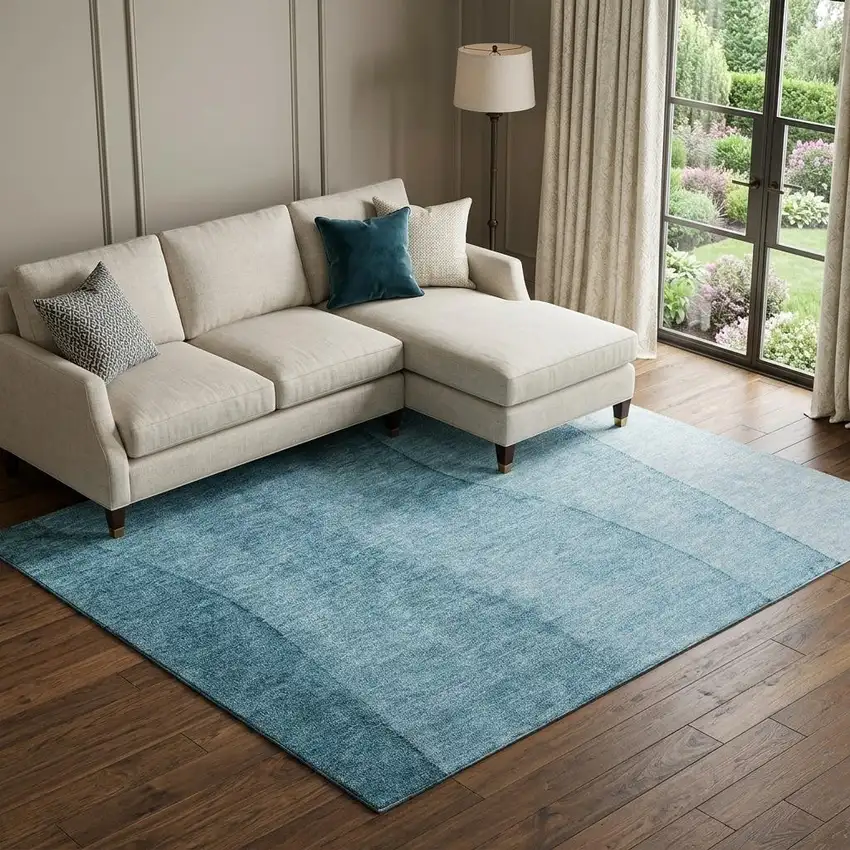 Teal And Ivory Ombre Washable Area Rug With UV Protection Photo 1