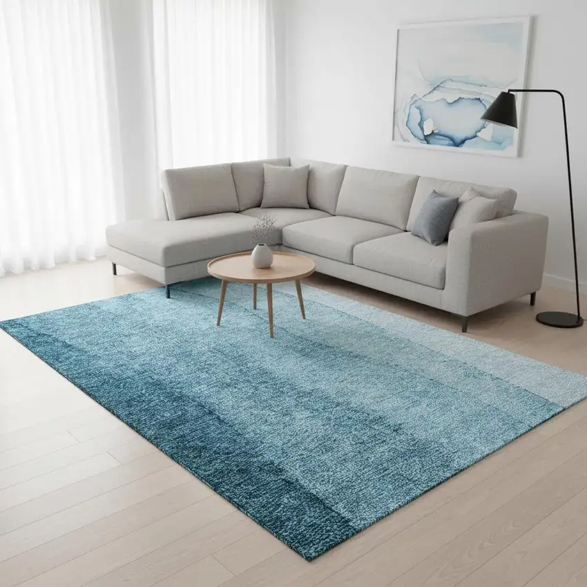 Teal And Ivory Ombre Washable Area Rug With UV Protection Photo 1
