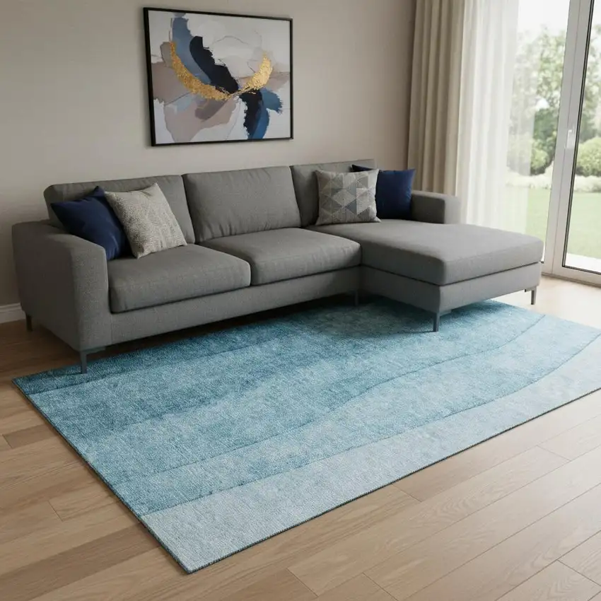 Teal And Ivory Ombre Washable Area Rug With UV Protection Photo 1