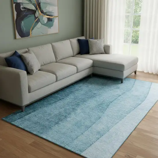 Teal And Ivory Ombre Washable Area Rug With UV Protection Photo 1