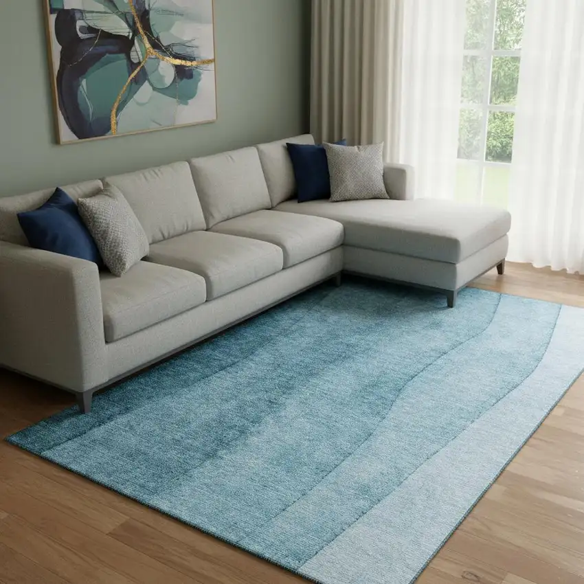 Teal And Ivory Ombre Washable Area Rug With UV Protection Photo 1