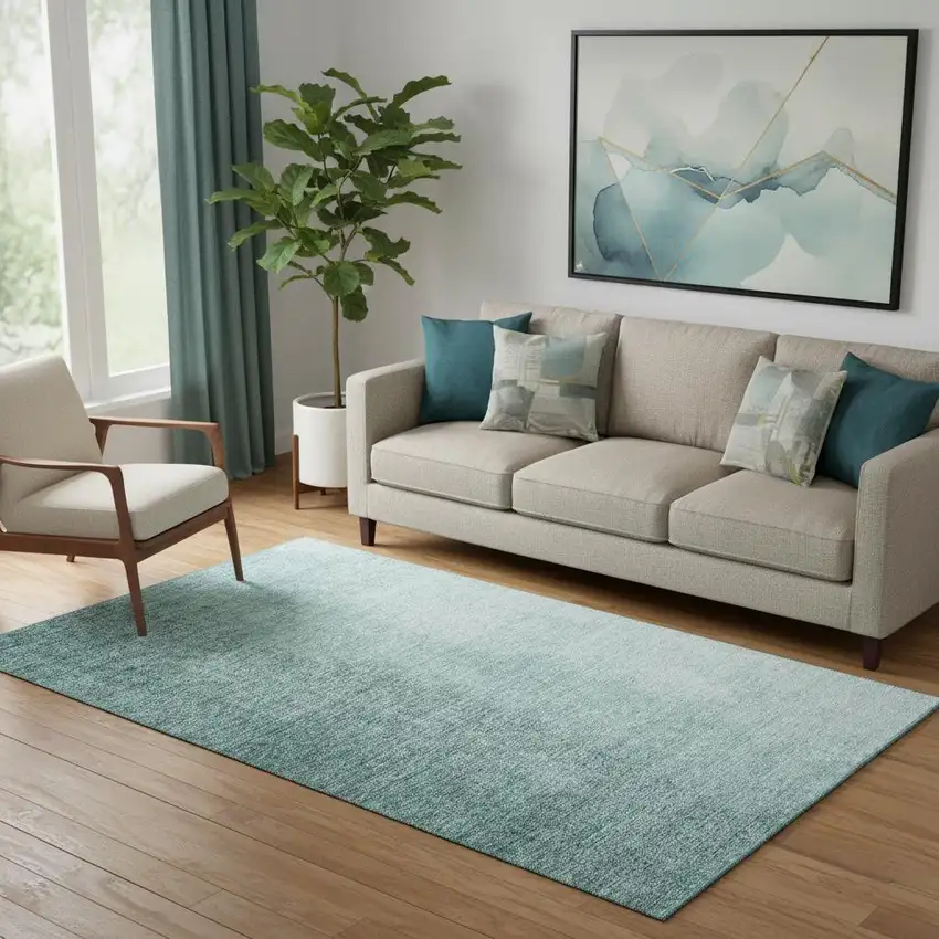 Teal And Ivory Ombre Washable Area Rug With UV Protection Photo 1