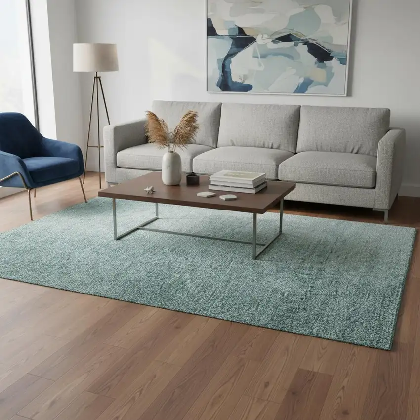 Teal And Ivory Ombre Washable Area Rug With UV Protection Photo 2