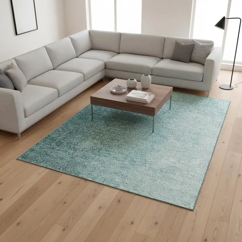 Teal And Ivory Ombre Washable Area Rug With UV Protection Photo 2