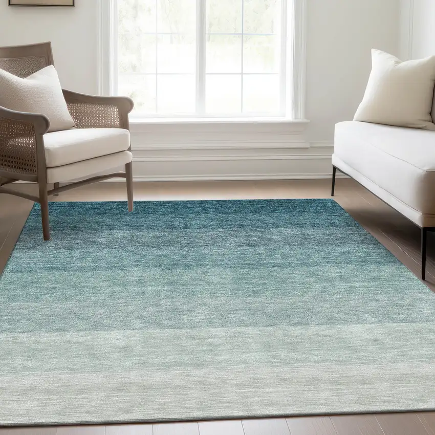 Teal And Ivory Ombre Washable Area Rug With UV Protection Photo 5