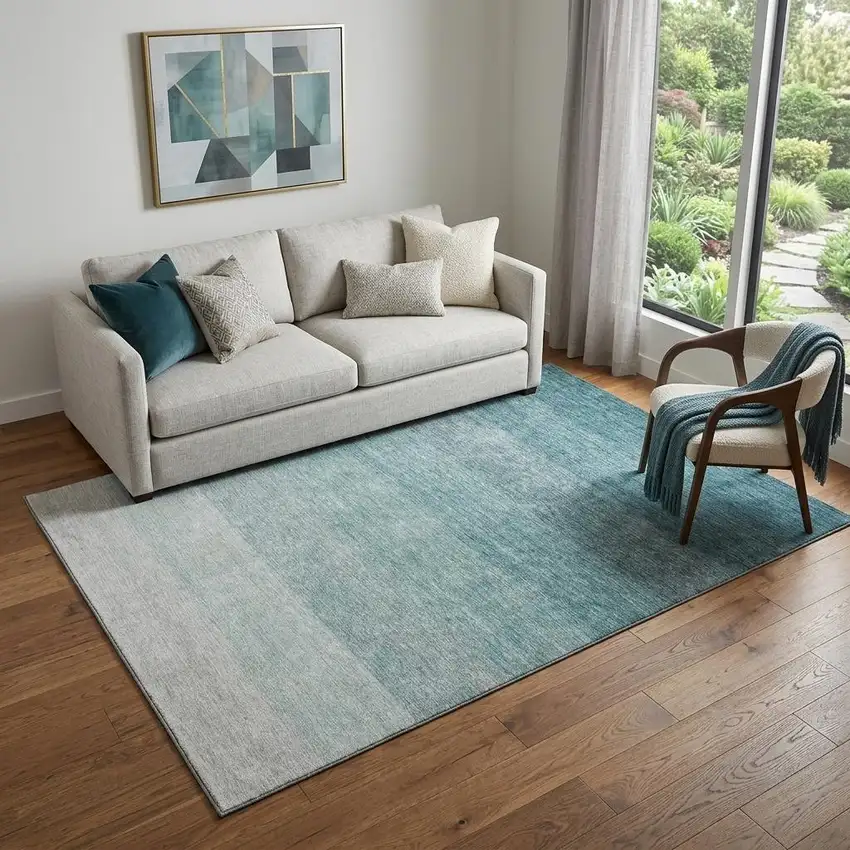 Teal And Ivory Ombre Washable Area Rug With UV Protection Photo 1