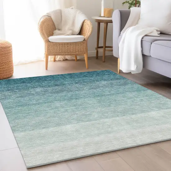 Teal And Ivory Ombre Washable Area Rug With UV Protection Photo 4