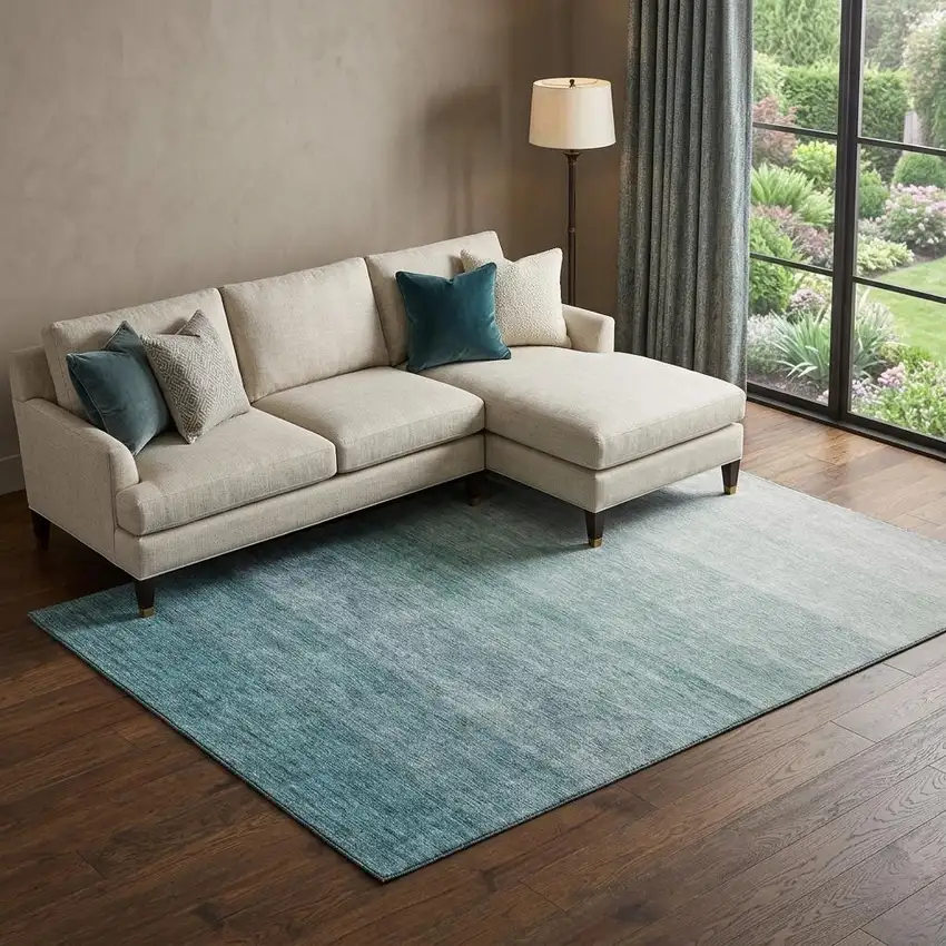 Teal And Ivory Ombre Washable Area Rug With UV Protection Photo 1