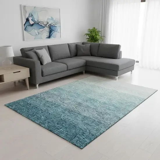 Teal And Ivory Ombre Washable Area Rug With UV Protection Photo 2