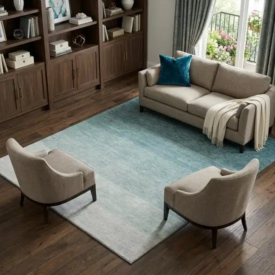 Teal And Ivory Ombre Washable Area Rug With UV Protection Photo 1