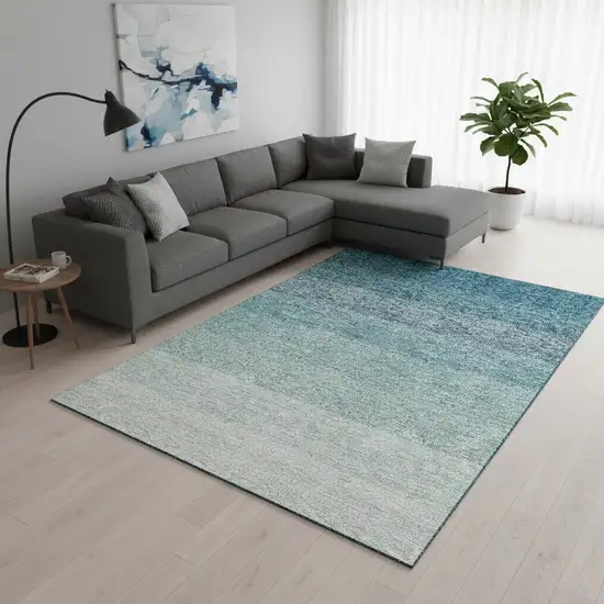 Teal And Ivory Ombre Washable Area Rug With UV Protection Photo 2