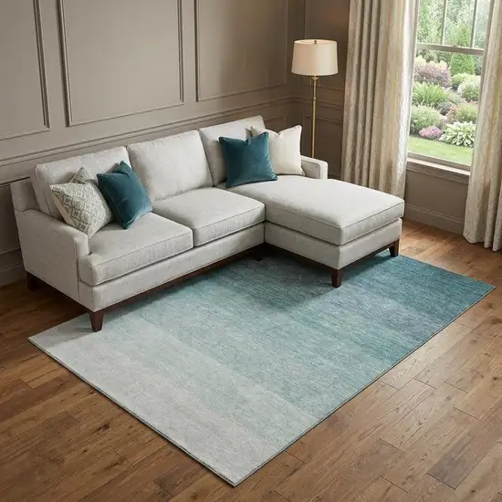 Teal And Ivory Ombre Washable Area Rug With UV Protection Photo 1