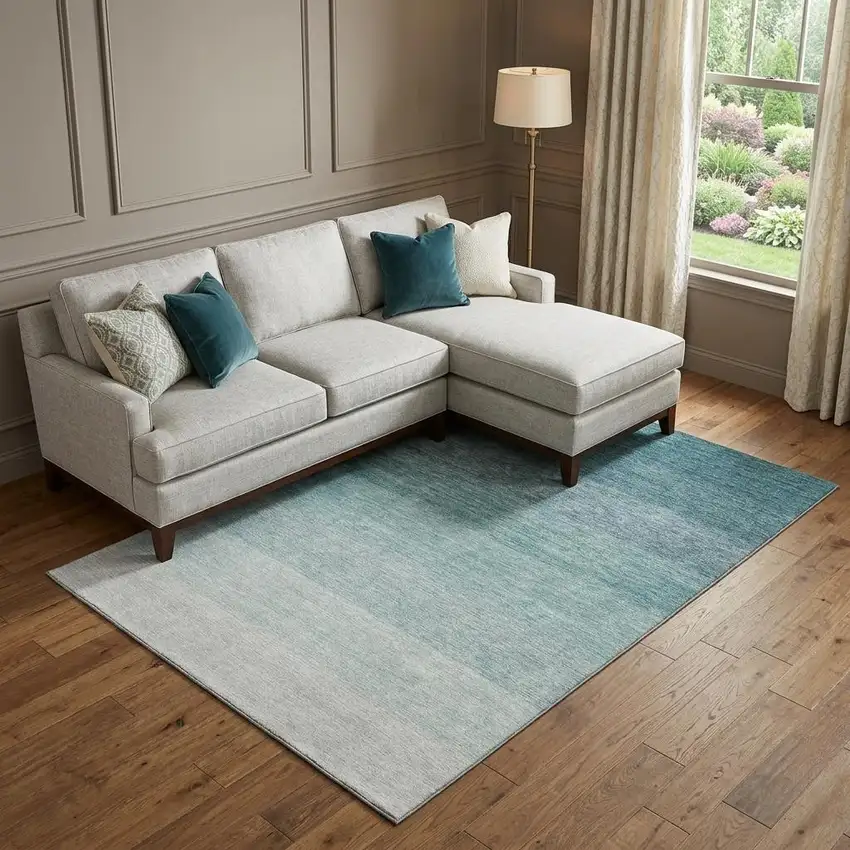 Teal And Ivory Ombre Washable Area Rug With UV Protection Photo 1