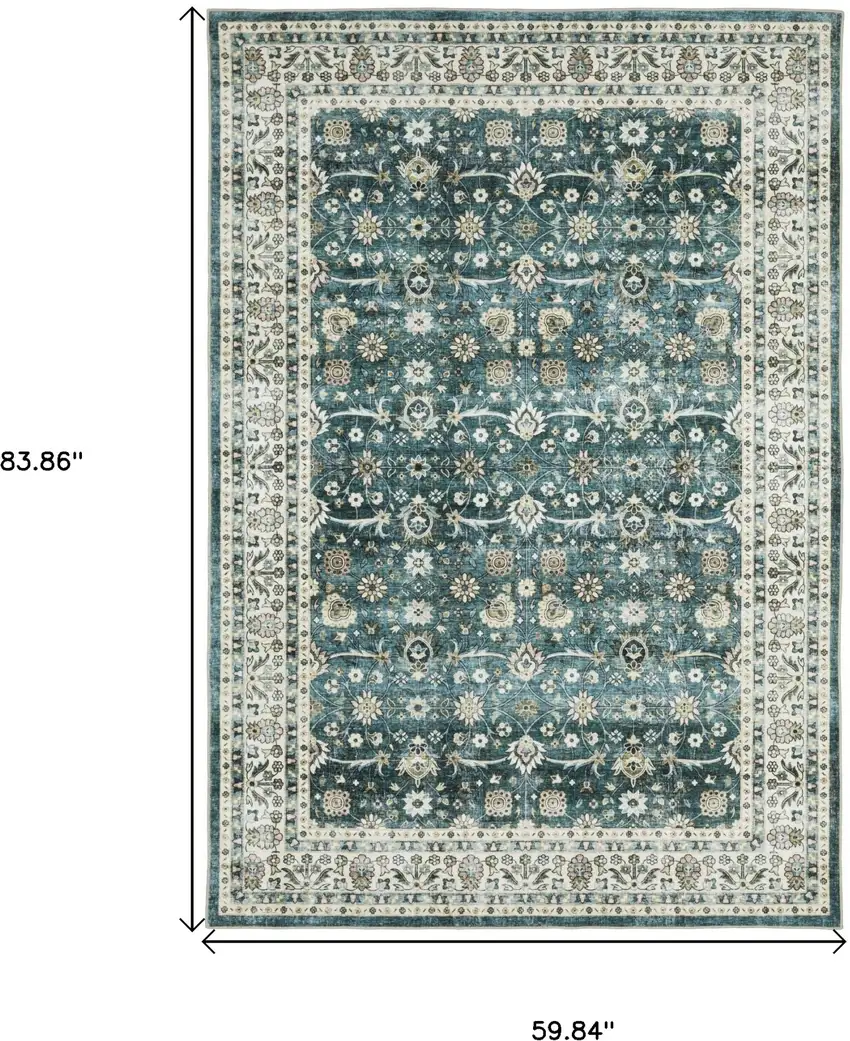 Teal And Ivory Oriental Distressed Area Rug Photo 3