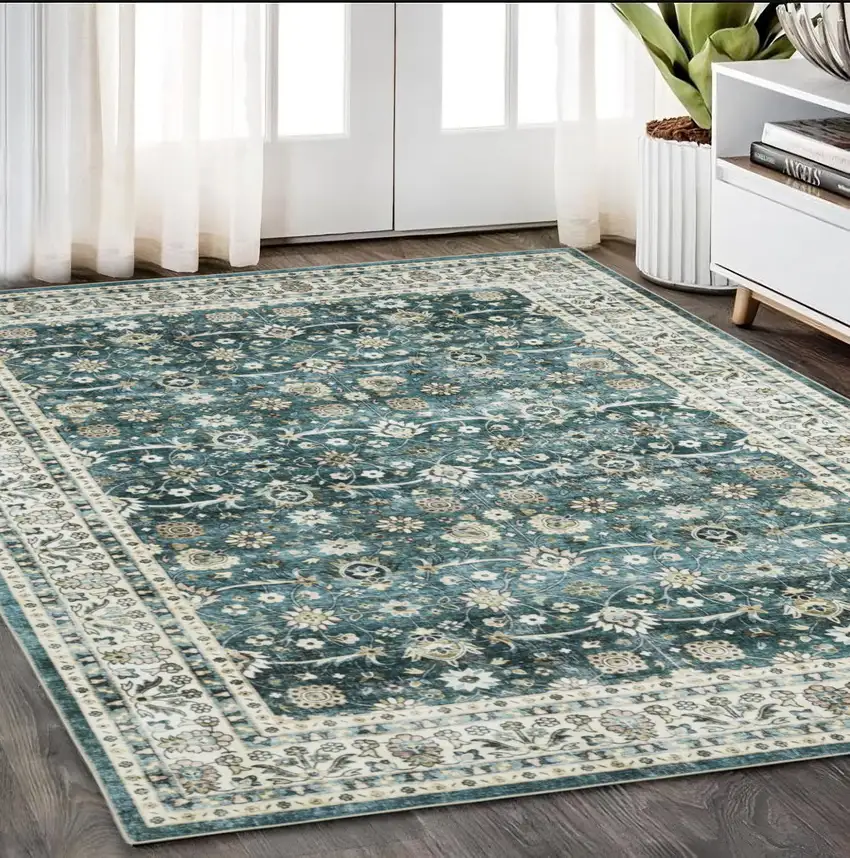 Teal And Ivory Oriental Distressed Area Rug Photo 1