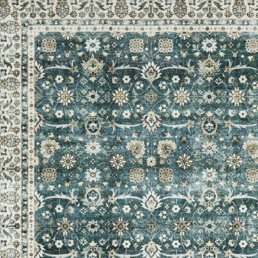 Teal And Ivory Oriental Distressed Area Rug Photo 7