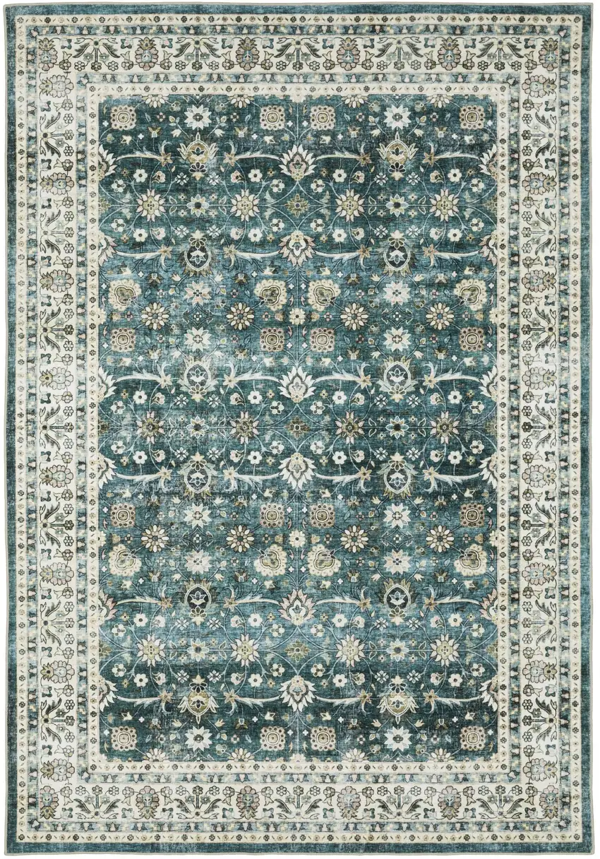 Teal And Ivory Oriental Distressed Area Rug Photo 9