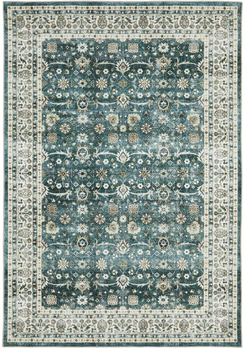 Teal And Ivory Oriental Distressed Area Rug Photo 2