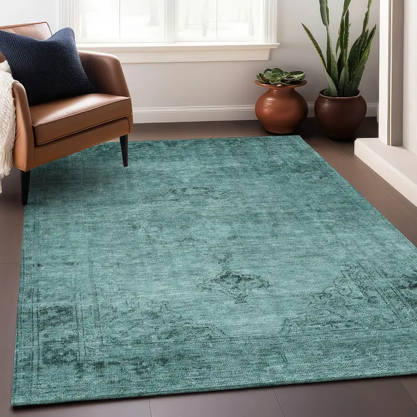 Teal And Ivory Oriental Washable Area Rug With UV Protection Photo 4