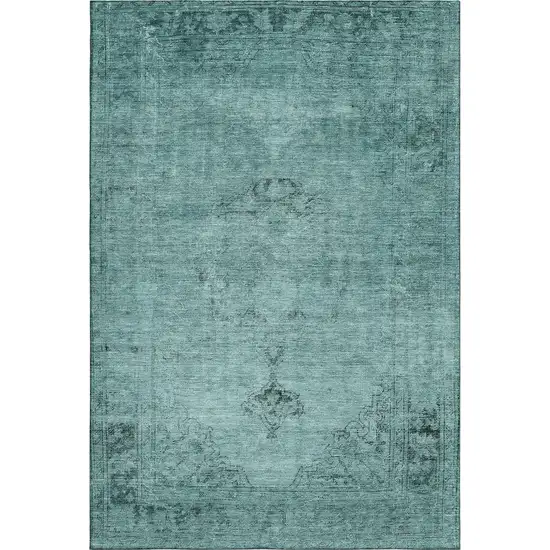 Teal And Ivory Oriental Washable Area Rug With UV Protection Photo 1