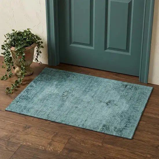 Teal And Ivory Oriental Washable Area Rug With UV Protection Photo 1