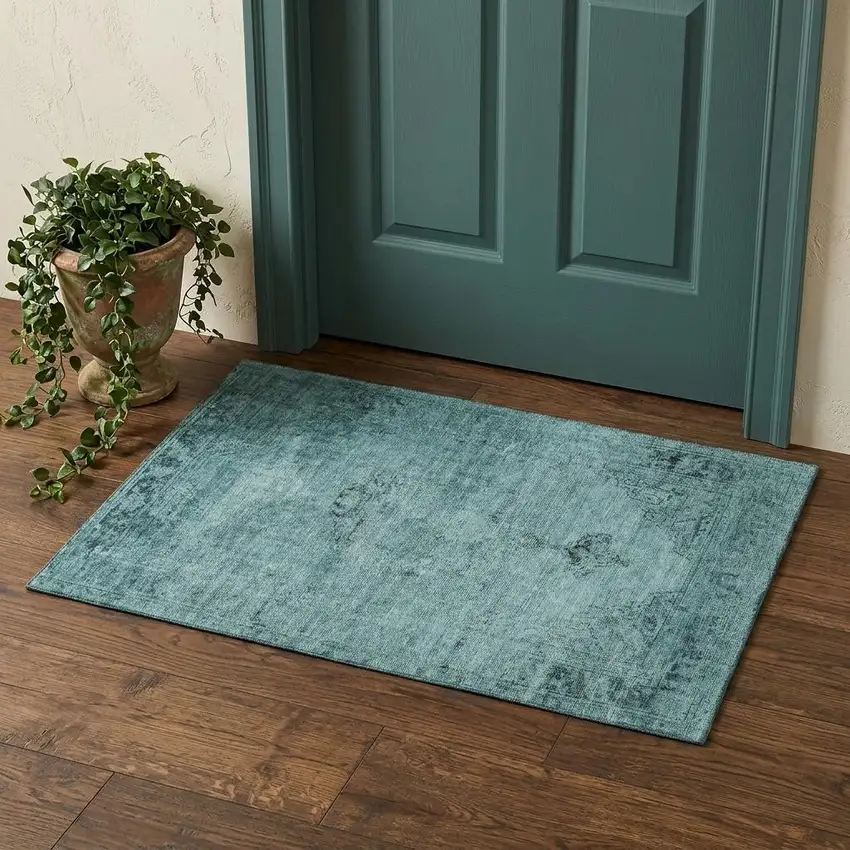Teal And Ivory Oriental Washable Area Rug With UV Protection Photo 1