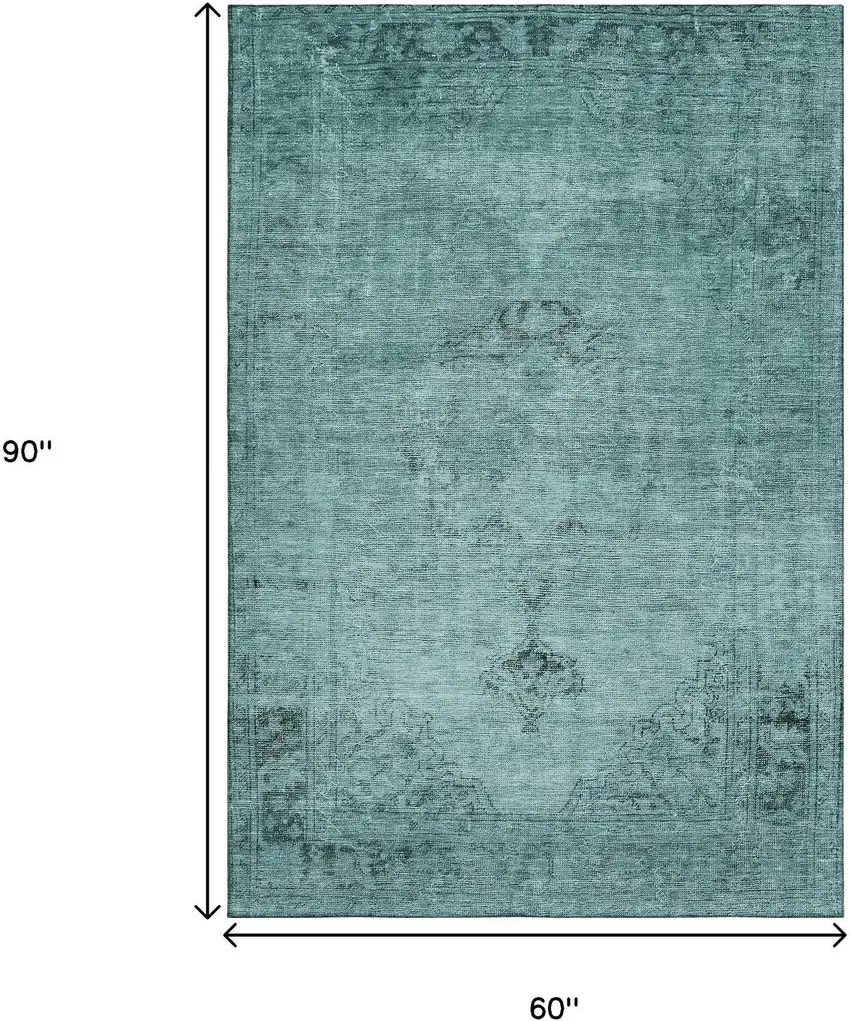 Teal And Ivory Oriental Washable Area Rug With UV Protection Photo 3