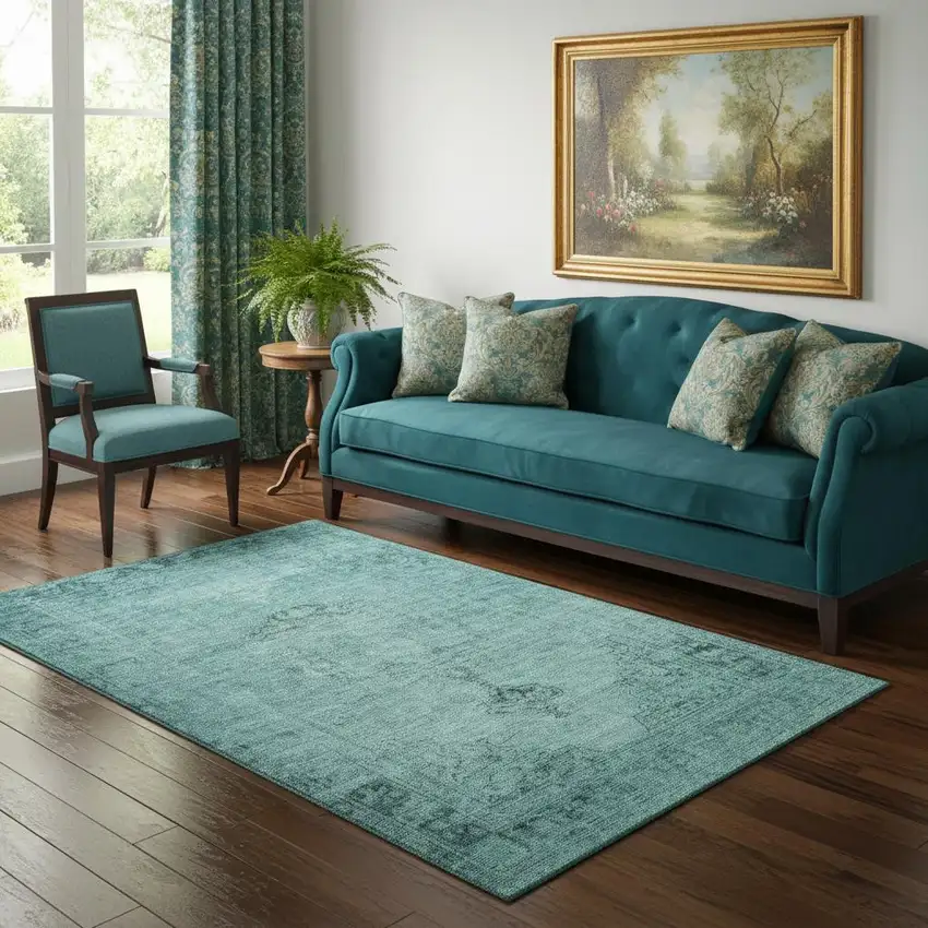 Teal And Ivory Oriental Washable Area Rug With UV Protection Photo 1
